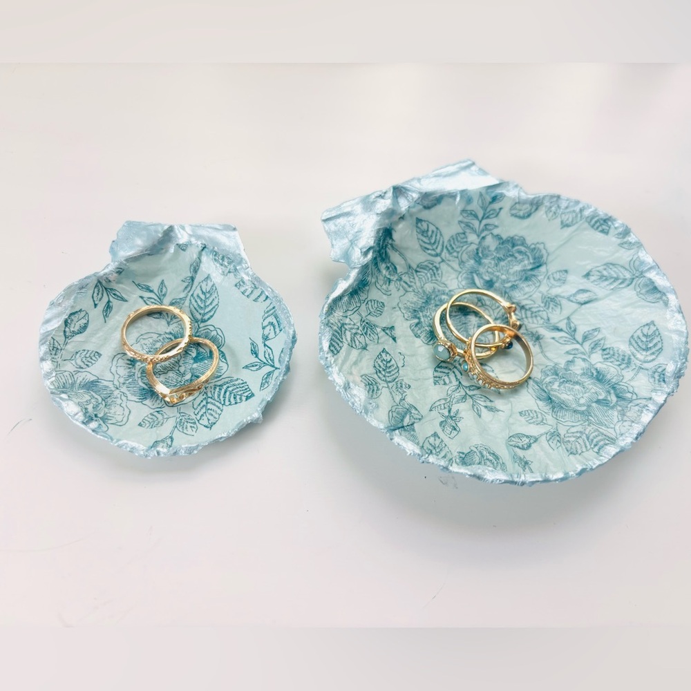 Handmade Scallop Shell Trinket Dish Mommy & Me Set w/ Blue Rose Decoupage Design